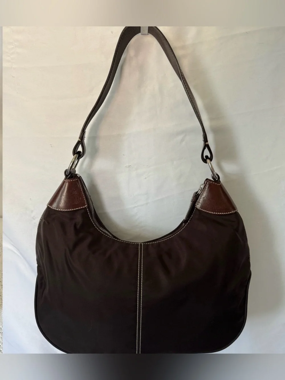 Dooney & Bourke Wayfarer Nylon Hobo handbag brown nylon tan leather trim